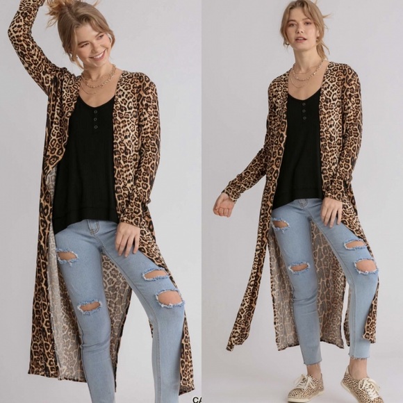 NWT Umgee Jaguar Print Open Front Long Body Cardigan with Side Slits - Picture 4 of 11